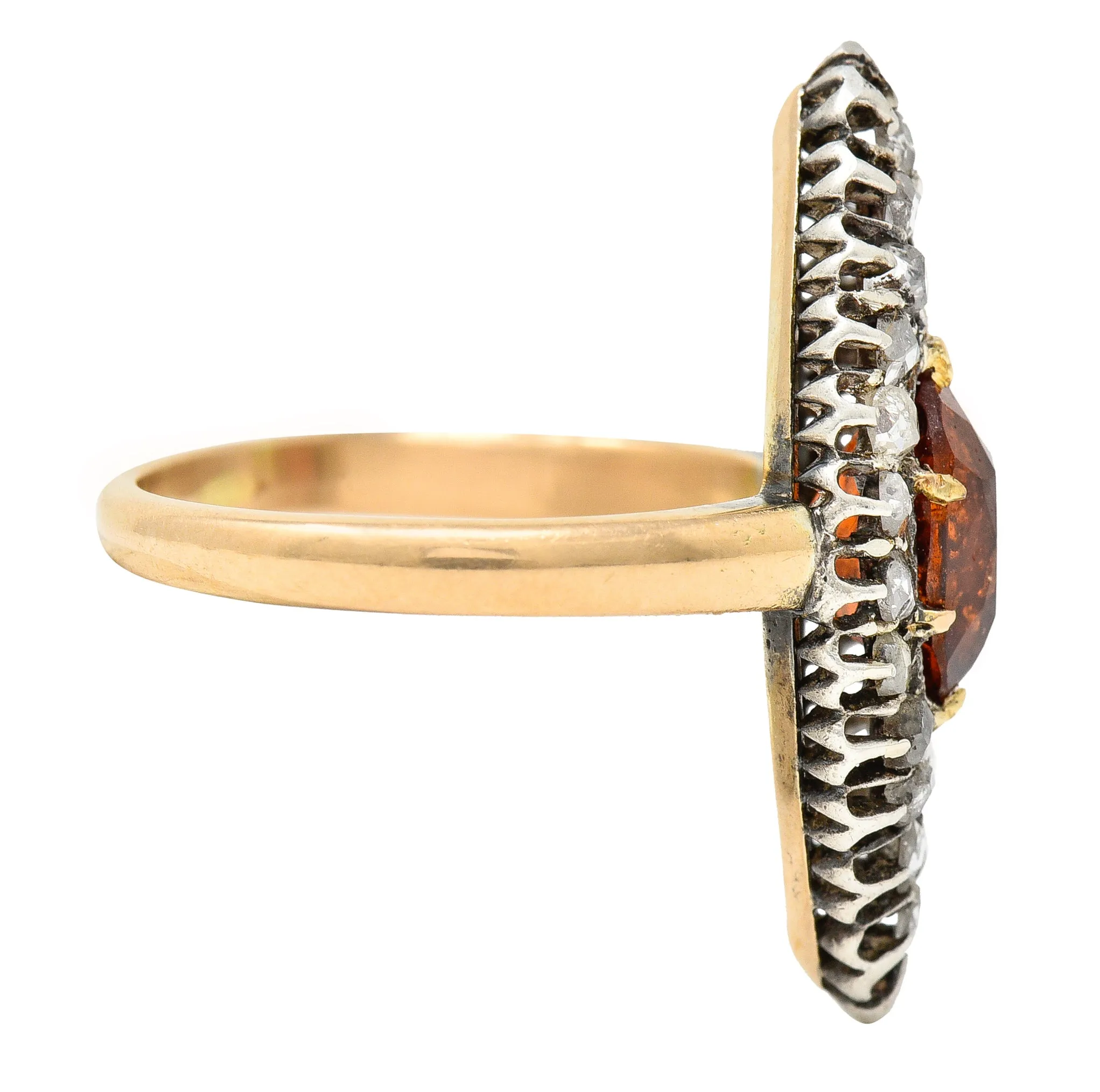 1908 Russian Hessonite Garnet Diamond Silver-Topped 14 Karat Yellow Gold Antique Navette Cluster Ring