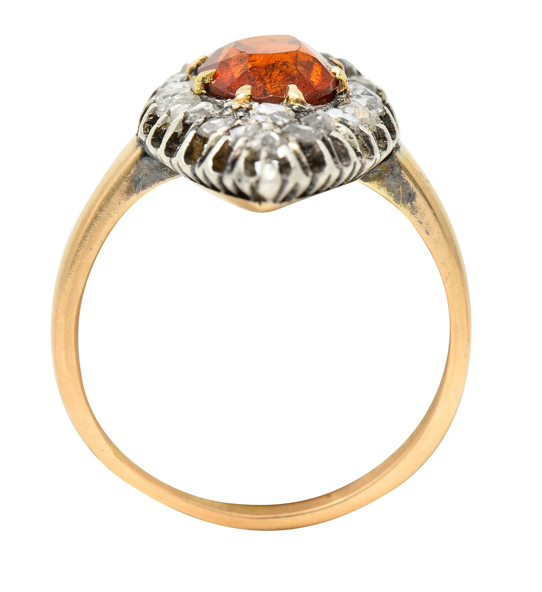 1908 Russian Hessonite Garnet Diamond Silver-Topped 14 Karat Yellow Gold Antique Navette Cluster Ring