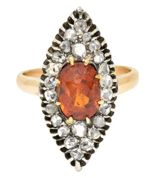 1908 Russian Hessonite Garnet Diamond Silver-Topped 14 Karat Yellow Gold Antique Navette Cluster Ring