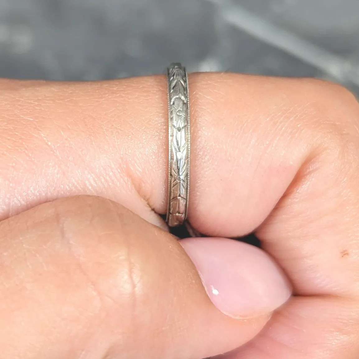 1932 Art Deco 19 Karat White Gold Floral Orange Blossom Wedding Band Ring