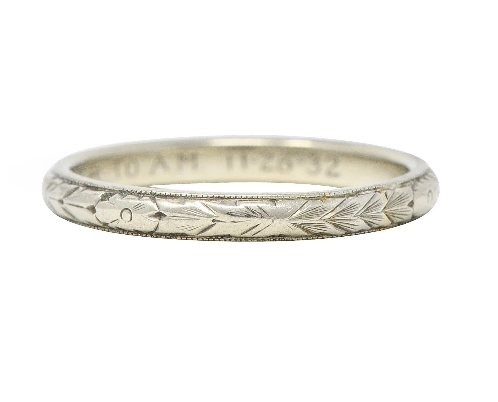 1932 Art Deco 19 Karat White Gold Floral Orange Blossom Wedding Band Ring