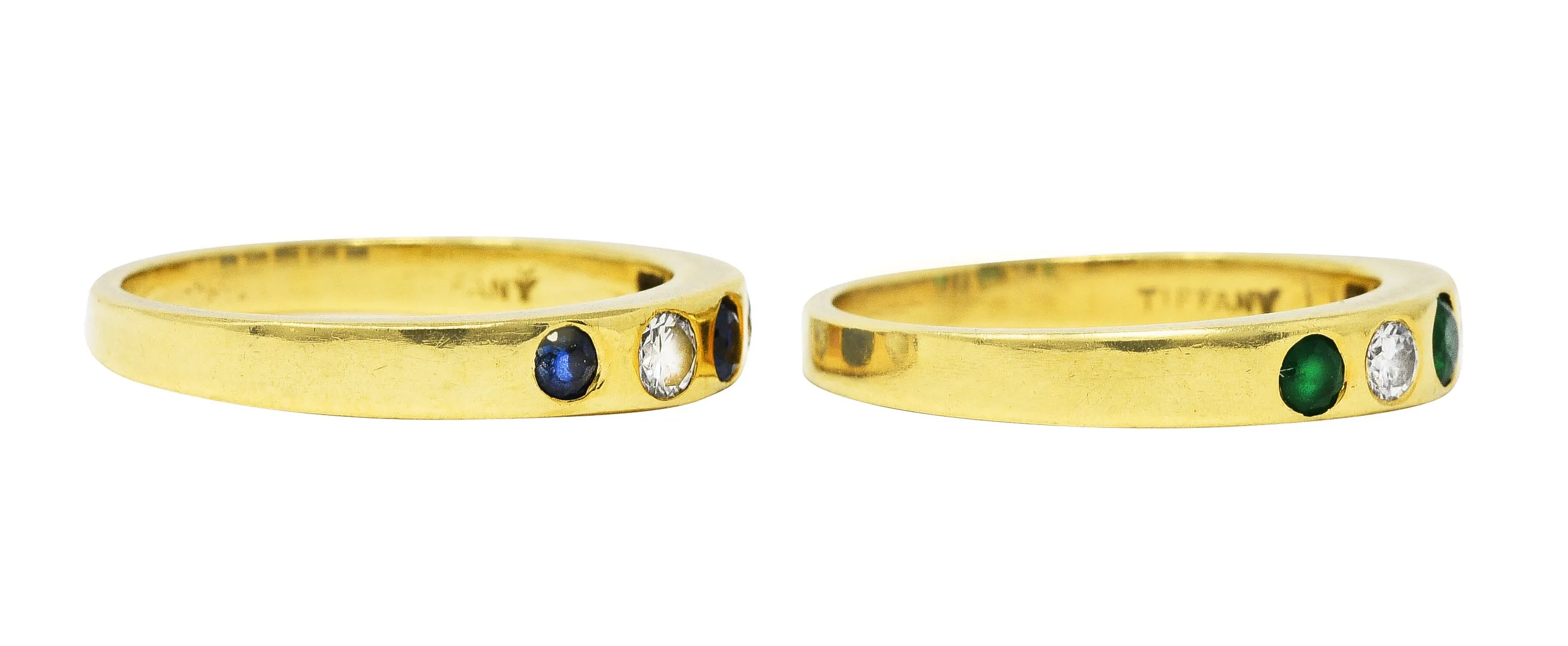 1960's Tiffany & Co. 0.67 CTW Emerald Sapphire Diamond 18 Karat Gold Stacking Band Ring Set