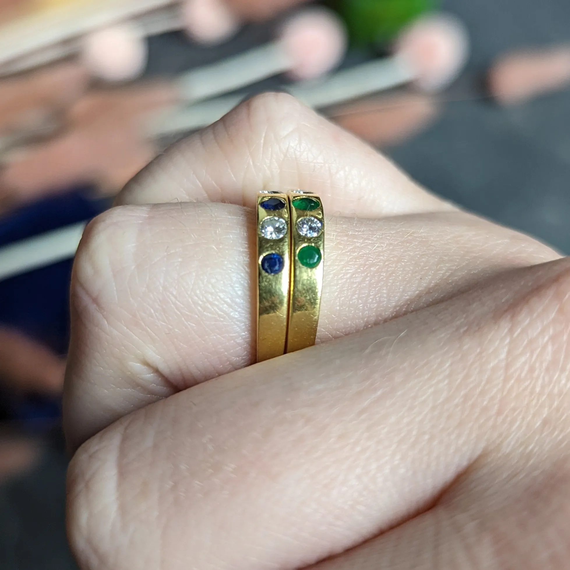 1960's Tiffany & Co. 0.67 CTW Emerald Sapphire Diamond 18 Karat Gold Stacking Band Ring Set