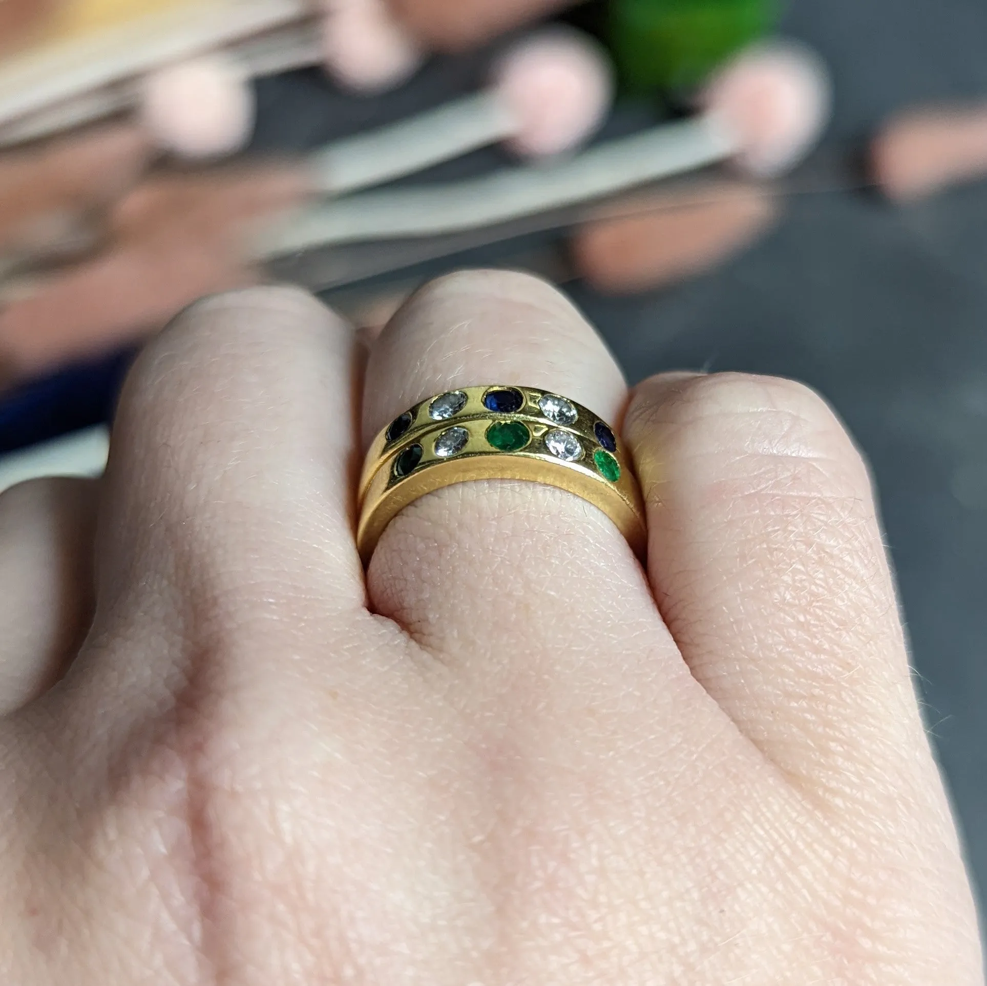 1960's Tiffany & Co. 0.67 CTW Emerald Sapphire Diamond 18 Karat Gold Stacking Band Ring Set