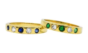 1960's Tiffany & Co. 0.67 CTW Emerald Sapphire Diamond 18 Karat Gold Stacking Band Ring Set
