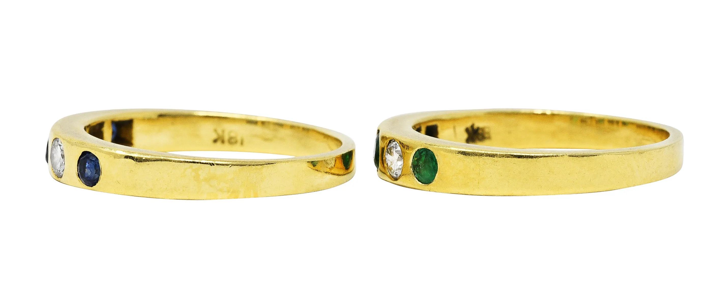 1960's Tiffany & Co. 0.67 CTW Emerald Sapphire Diamond 18 Karat Gold Stacking Band Ring Set