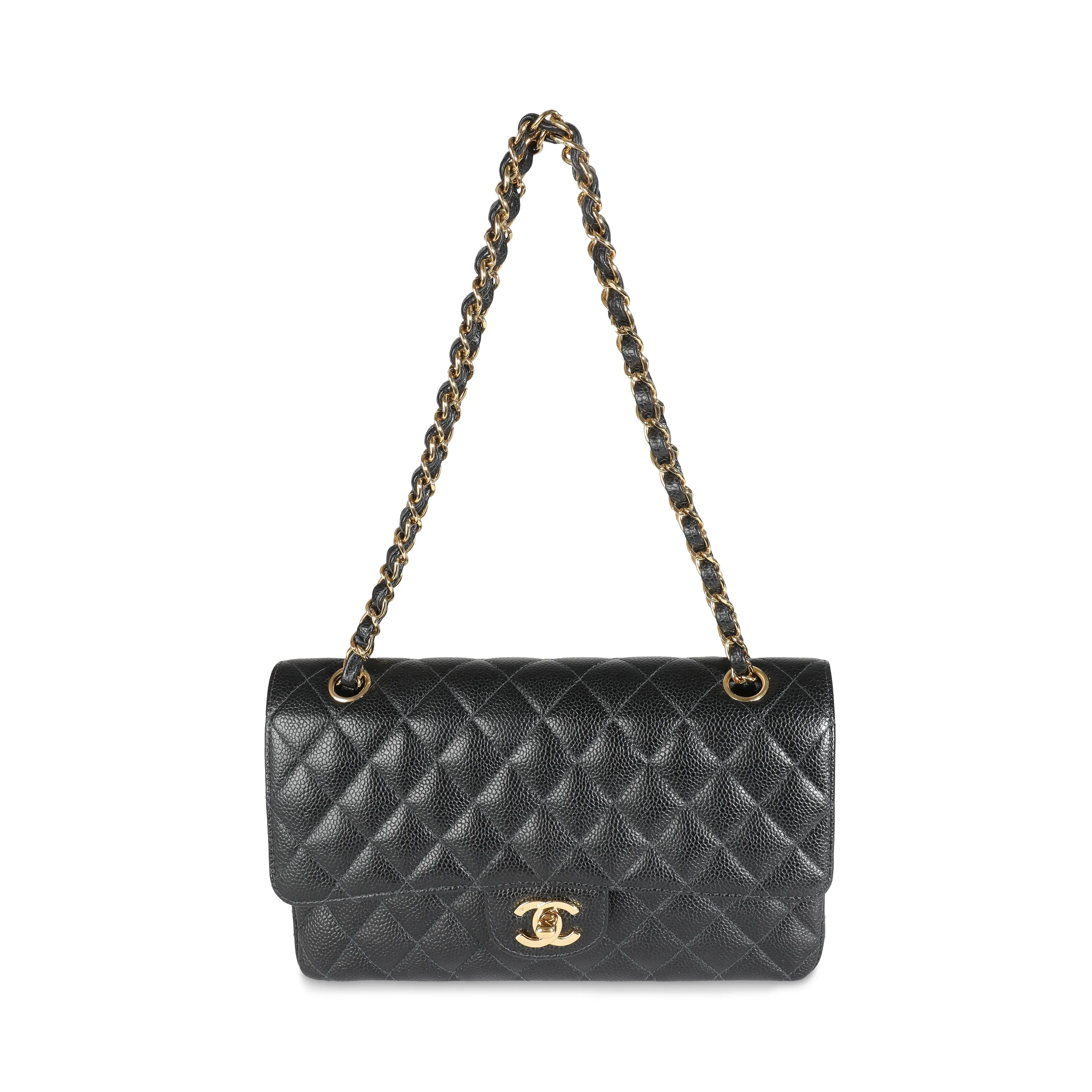 24K Black Quilted Medium Classic Double Flap Bag