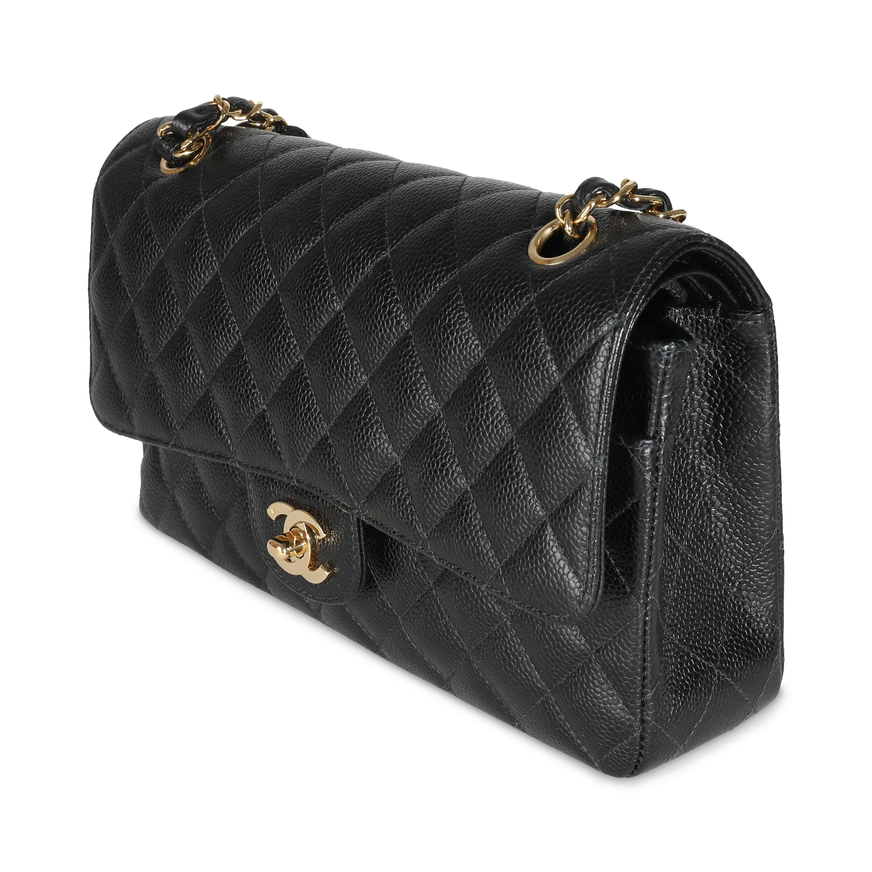 24K Black Quilted Medium Classic Double Flap Bag