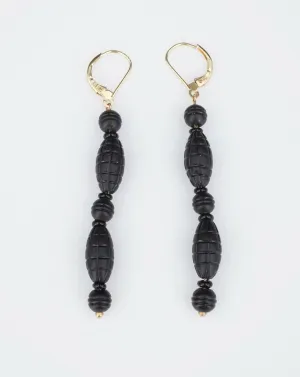 Antique 14k Gold Carved Black Jet Bead Drop Dangle Earrings 2.7" Mourning EG1619