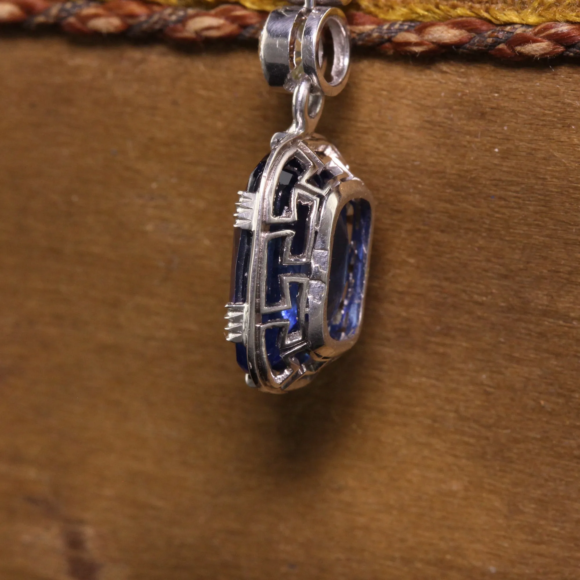 Antique Art Deco French Platinum Old Euro Diamond and Sapphire Drop Necklace