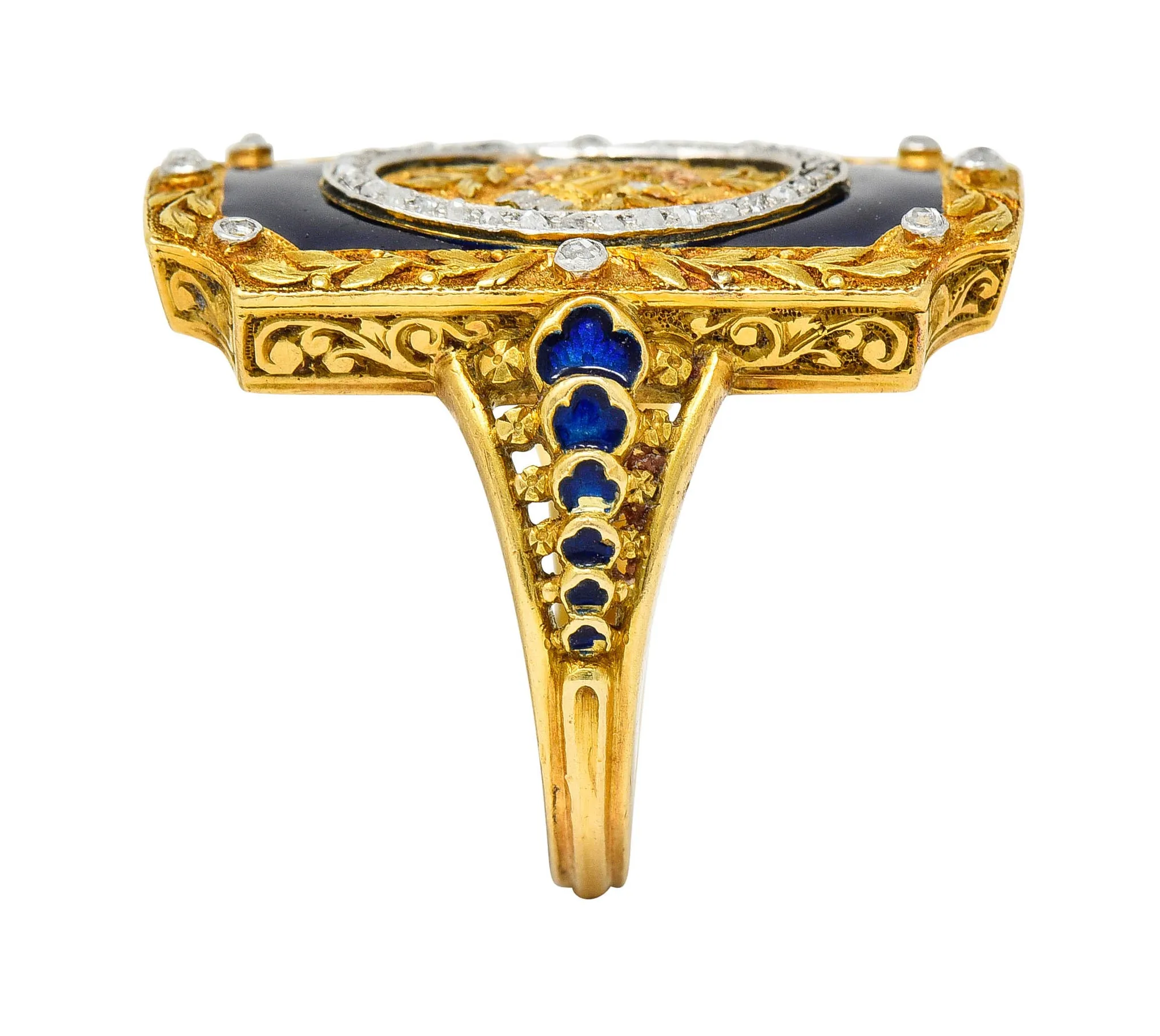 Antique Neoclassical Diamond Enamel Platinum-Topped 18 Karat Tri-Colored Gold Cupid Ring