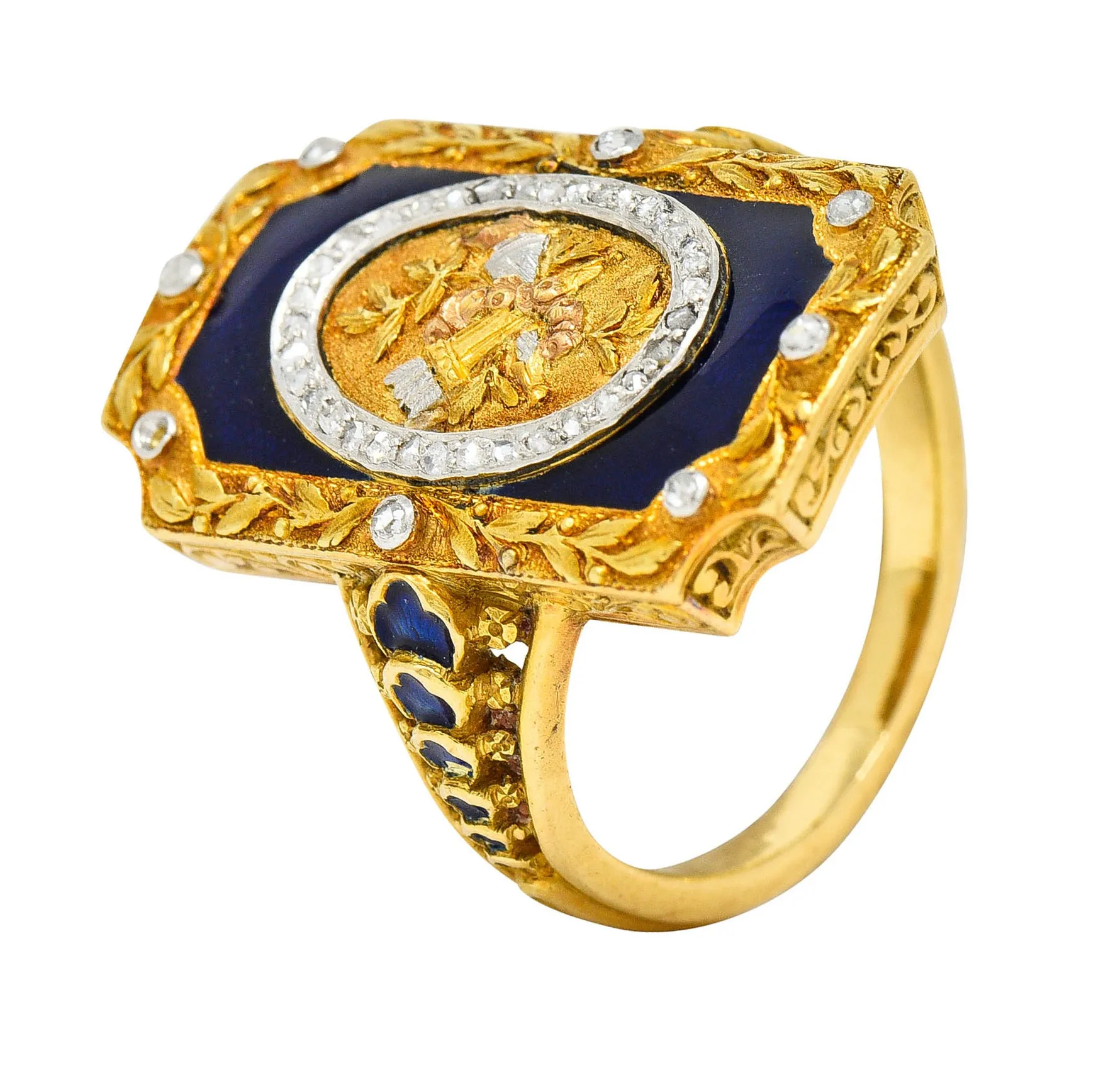 Antique Neoclassical Diamond Enamel Platinum-Topped 18 Karat Tri-Colored Gold Cupid Ring