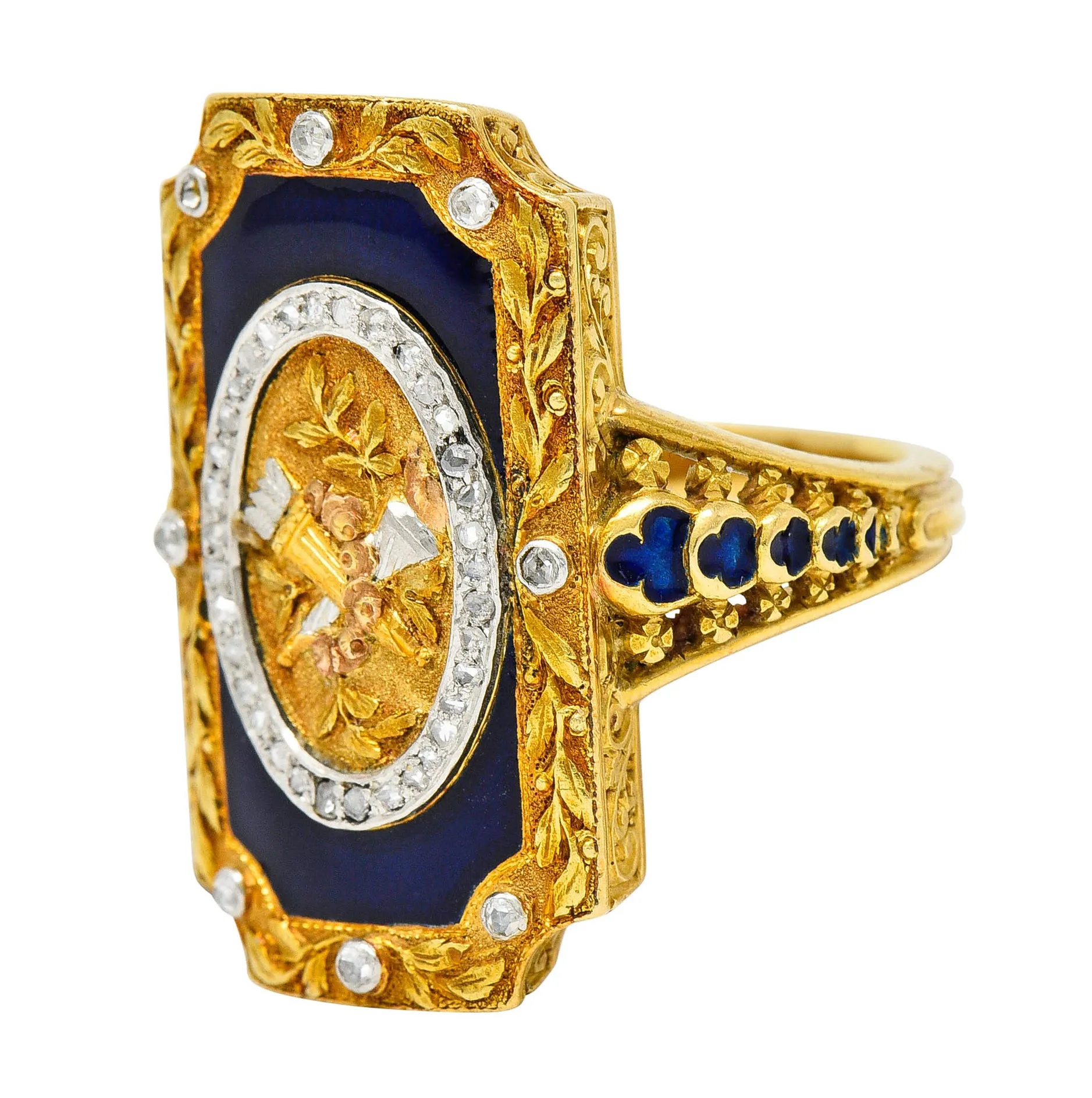 Antique Neoclassical Diamond Enamel Platinum-Topped 18 Karat Tri-Colored Gold Cupid Ring