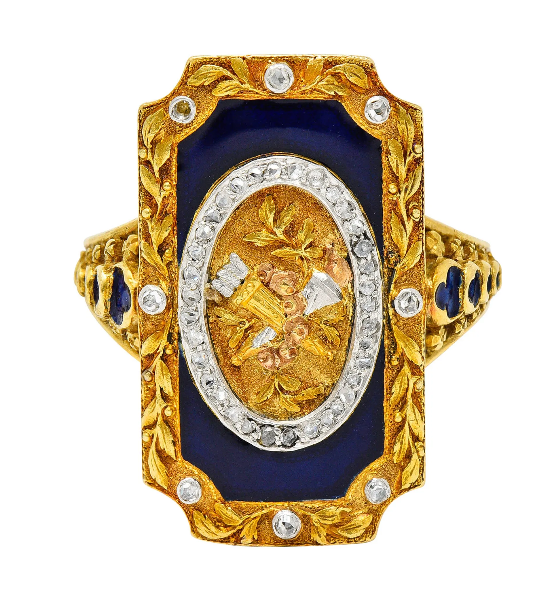 Antique Neoclassical Diamond Enamel Platinum-Topped 18 Karat Tri-Colored Gold Cupid Ring