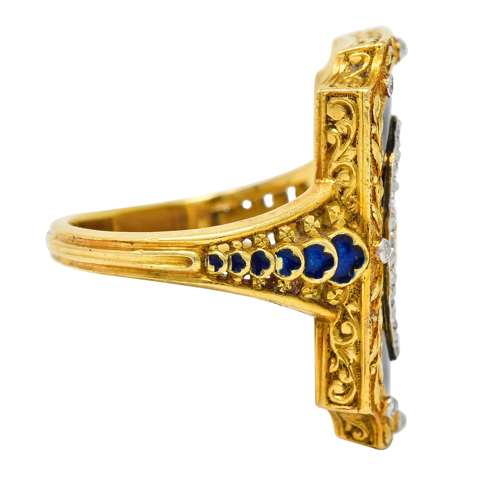 Antique Neoclassical Diamond Enamel Platinum-Topped 18 Karat Tri-Colored Gold Cupid Ring