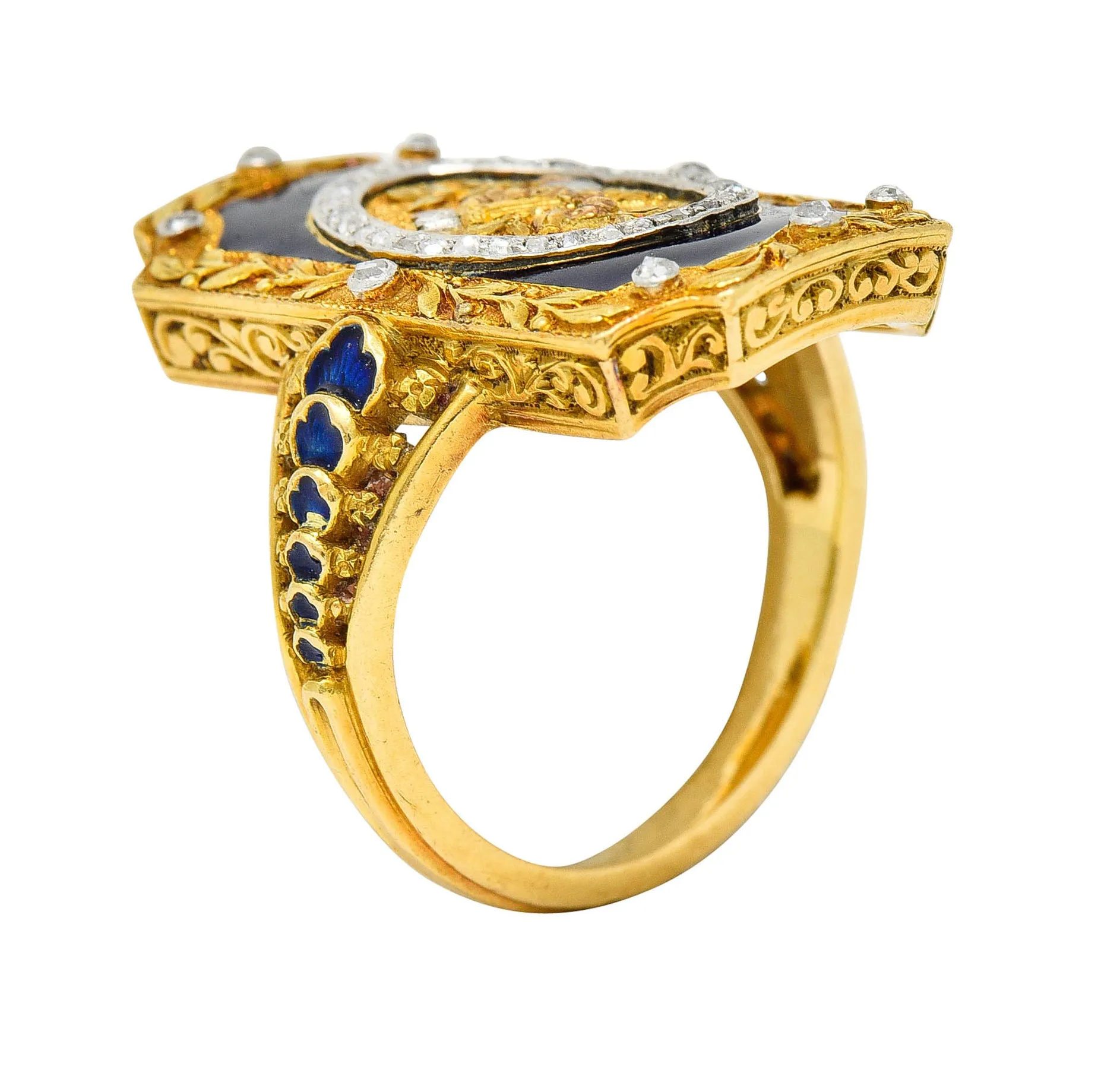 Antique Neoclassical Diamond Enamel Platinum-Topped 18 Karat Tri-Colored Gold Cupid Ring