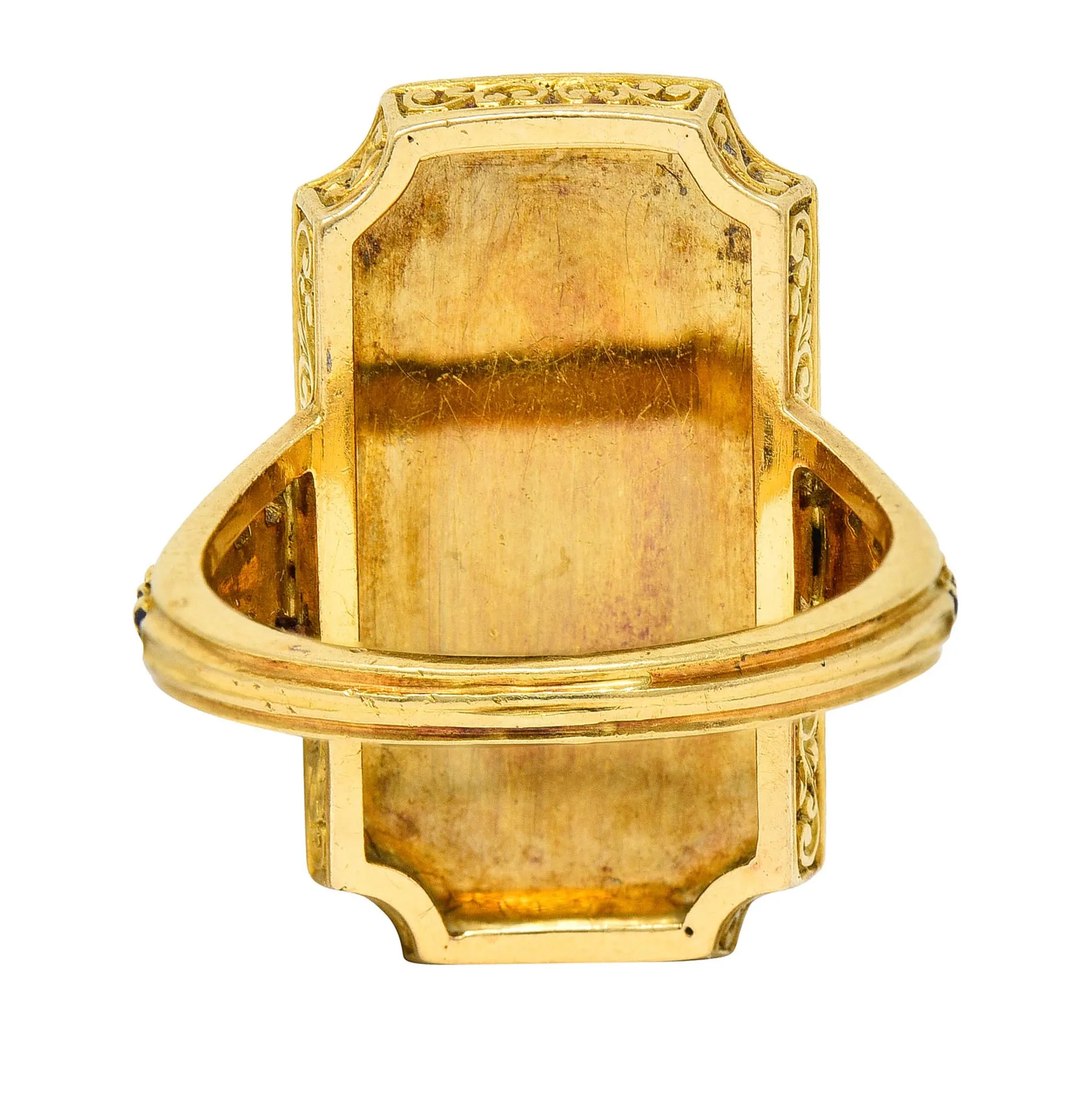 Antique Neoclassical Diamond Enamel Platinum-Topped 18 Karat Tri-Colored Gold Cupid Ring