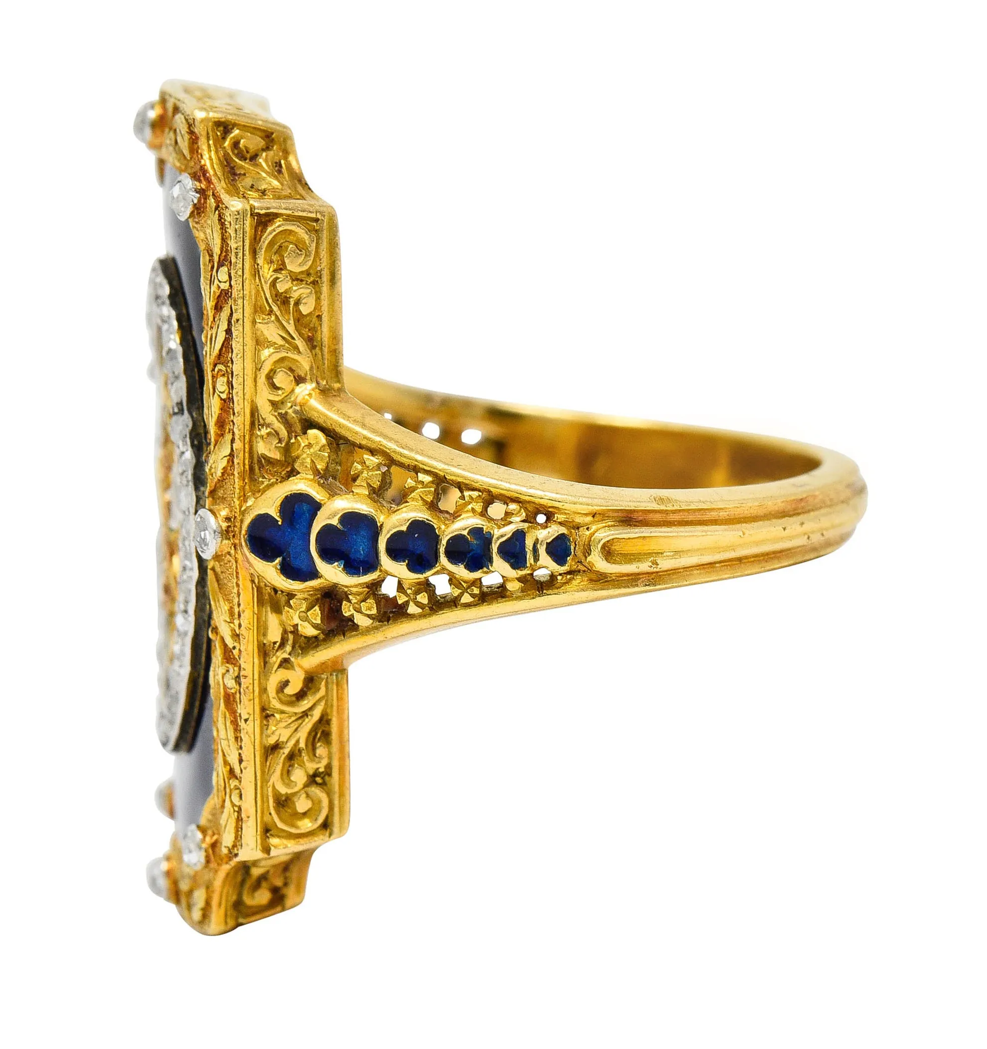 Antique Neoclassical Diamond Enamel Platinum-Topped 18 Karat Tri-Colored Gold Cupid Ring