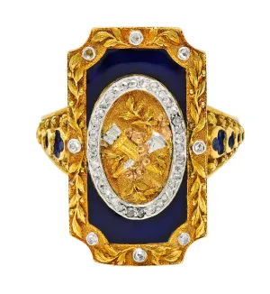 Antique Neoclassical Diamond Enamel Platinum-Topped 18 Karat Tri-Colored Gold Cupid Ring