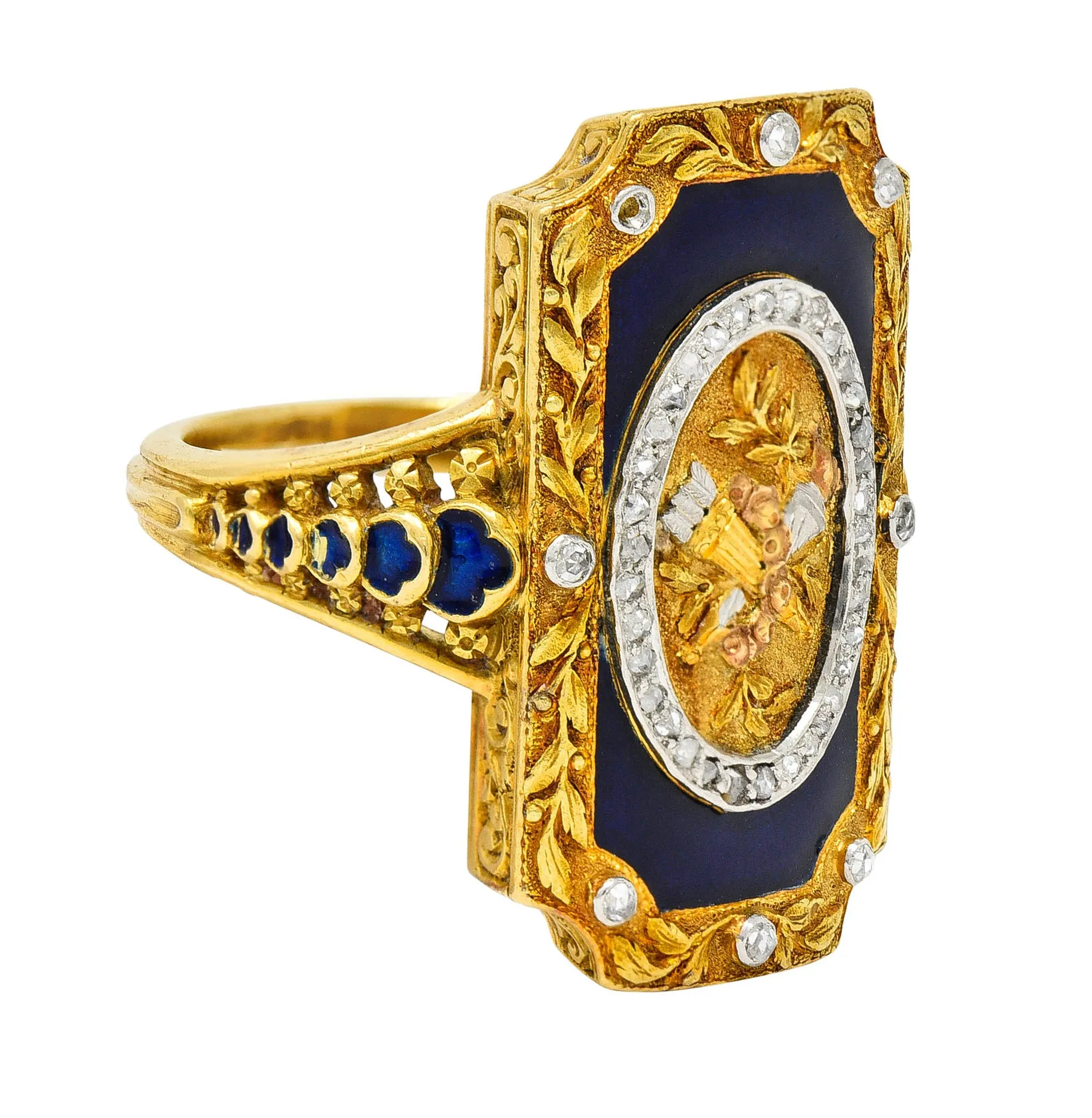 Antique Neoclassical Diamond Enamel Platinum-Topped 18 Karat Tri-Colored Gold Cupid Ring