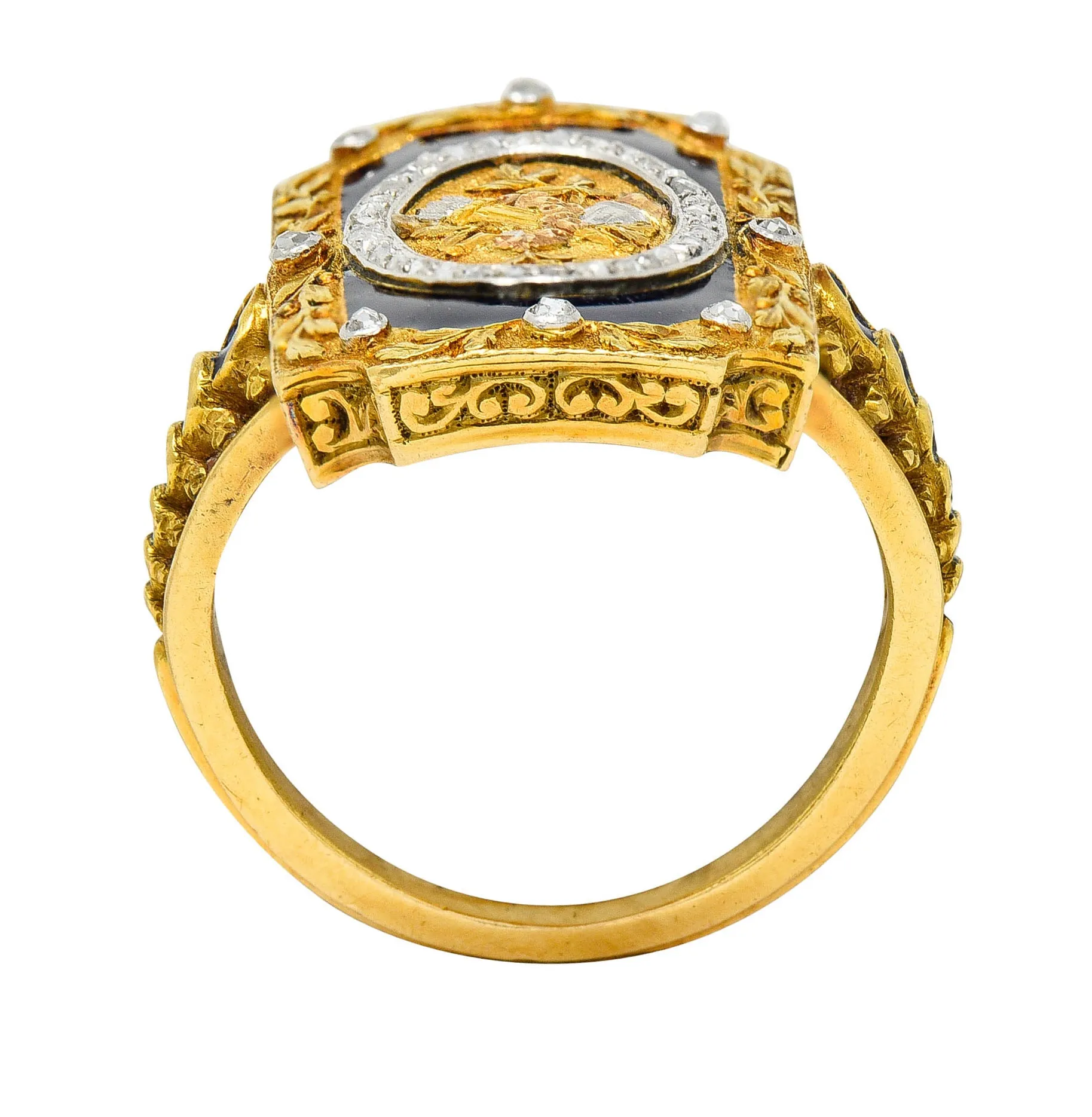 Antique Neoclassical Diamond Enamel Platinum-Topped 18 Karat Tri-Colored Gold Cupid Ring