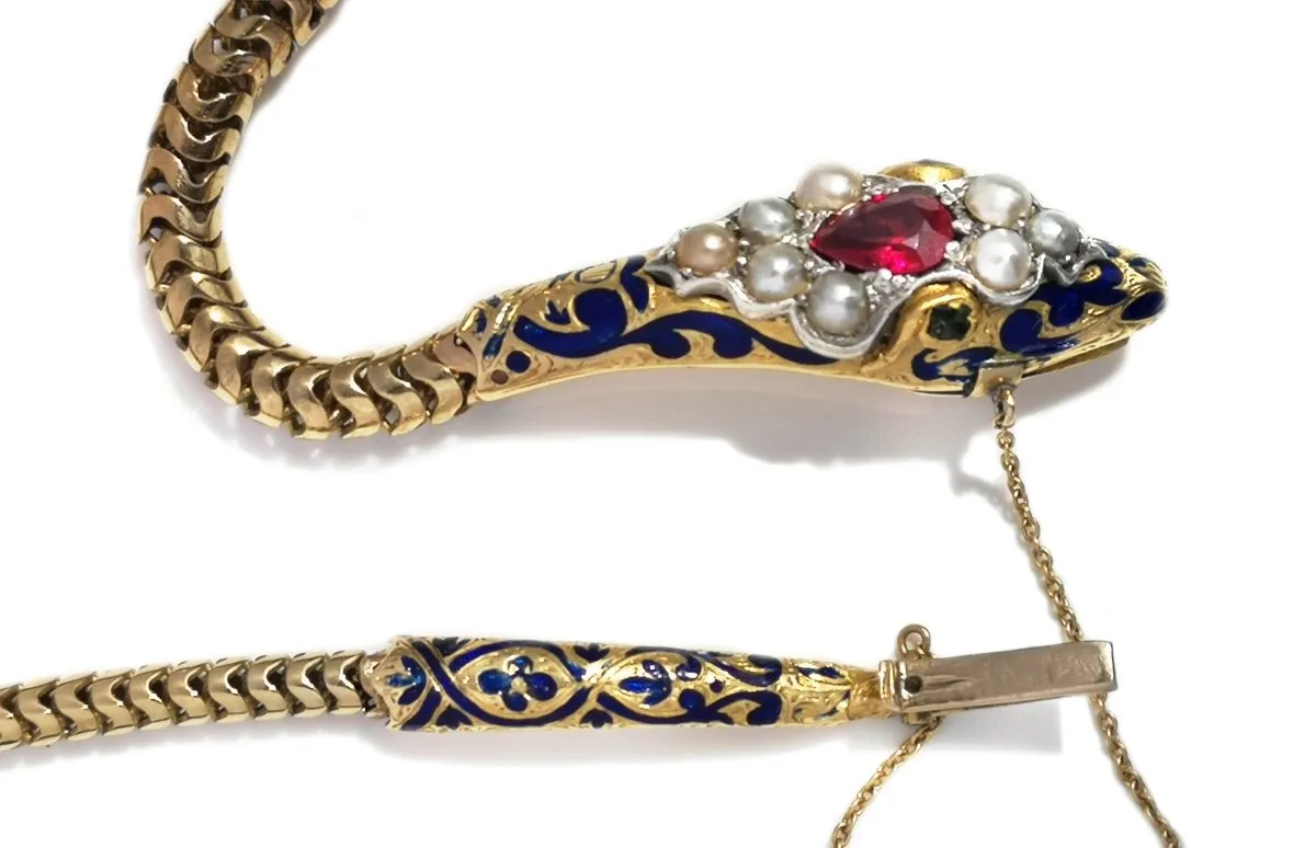 Antique Victorian Snake Necklace Gold & Blue Enamel