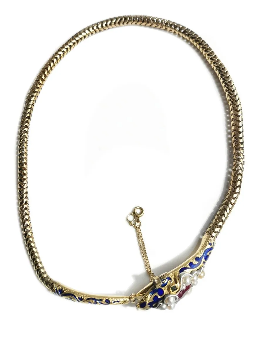 Antique Victorian Snake Necklace Gold & Blue Enamel