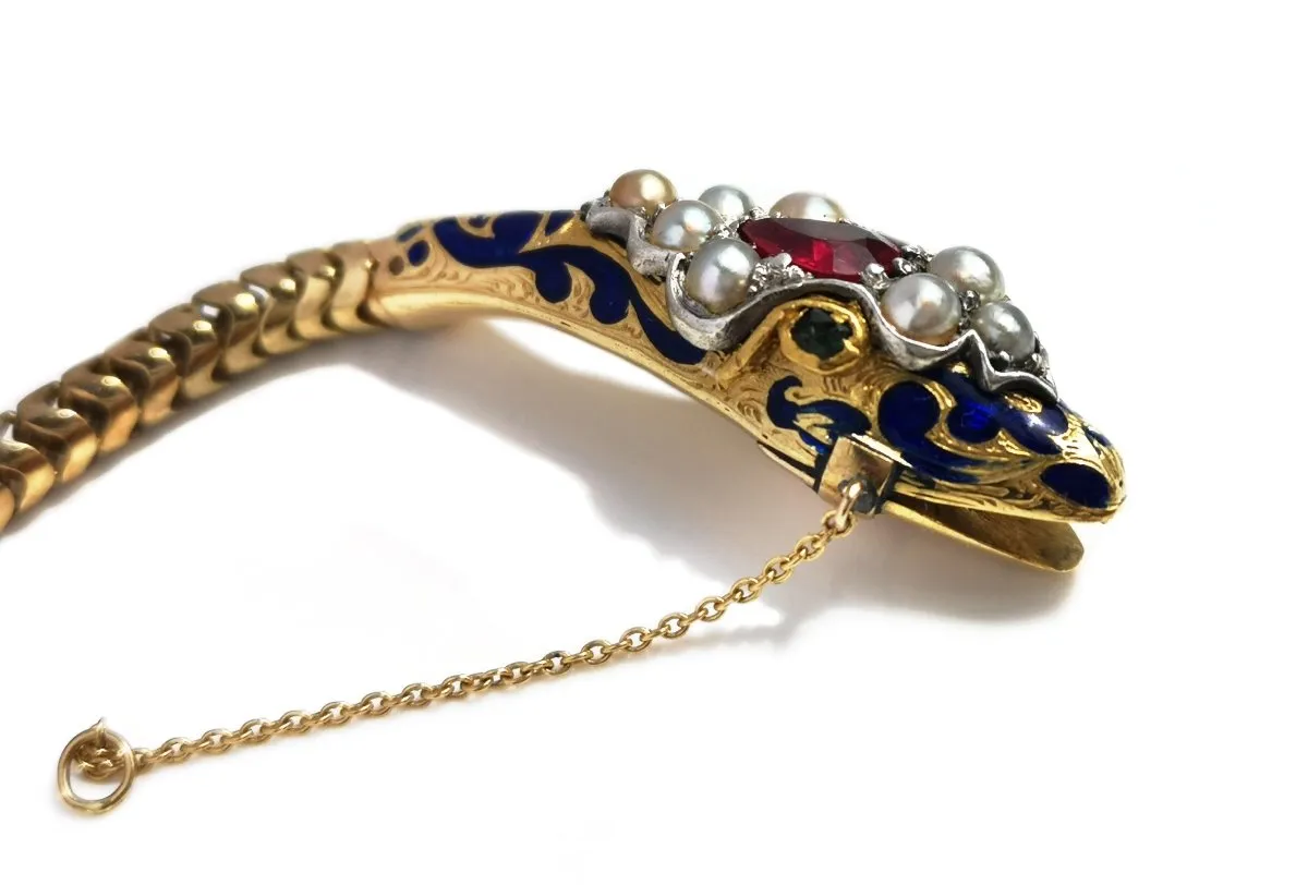Antique Victorian Snake Necklace Gold & Blue Enamel