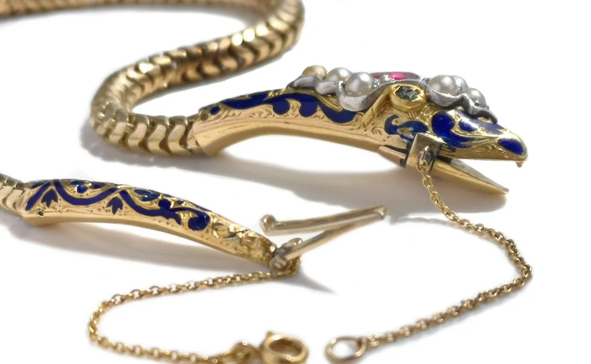 Antique Victorian Snake Necklace Gold & Blue Enamel