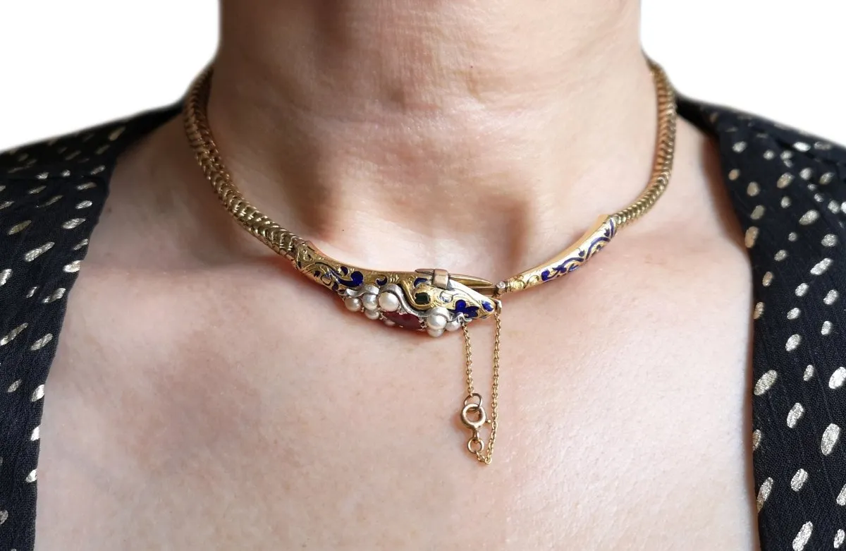 Antique Victorian Snake Necklace Gold & Blue Enamel