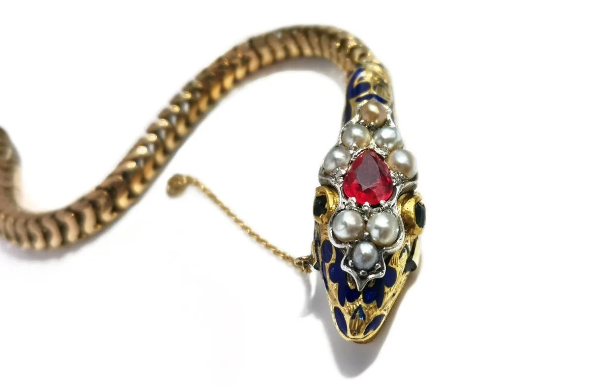 Antique Victorian Snake Necklace Gold & Blue Enamel