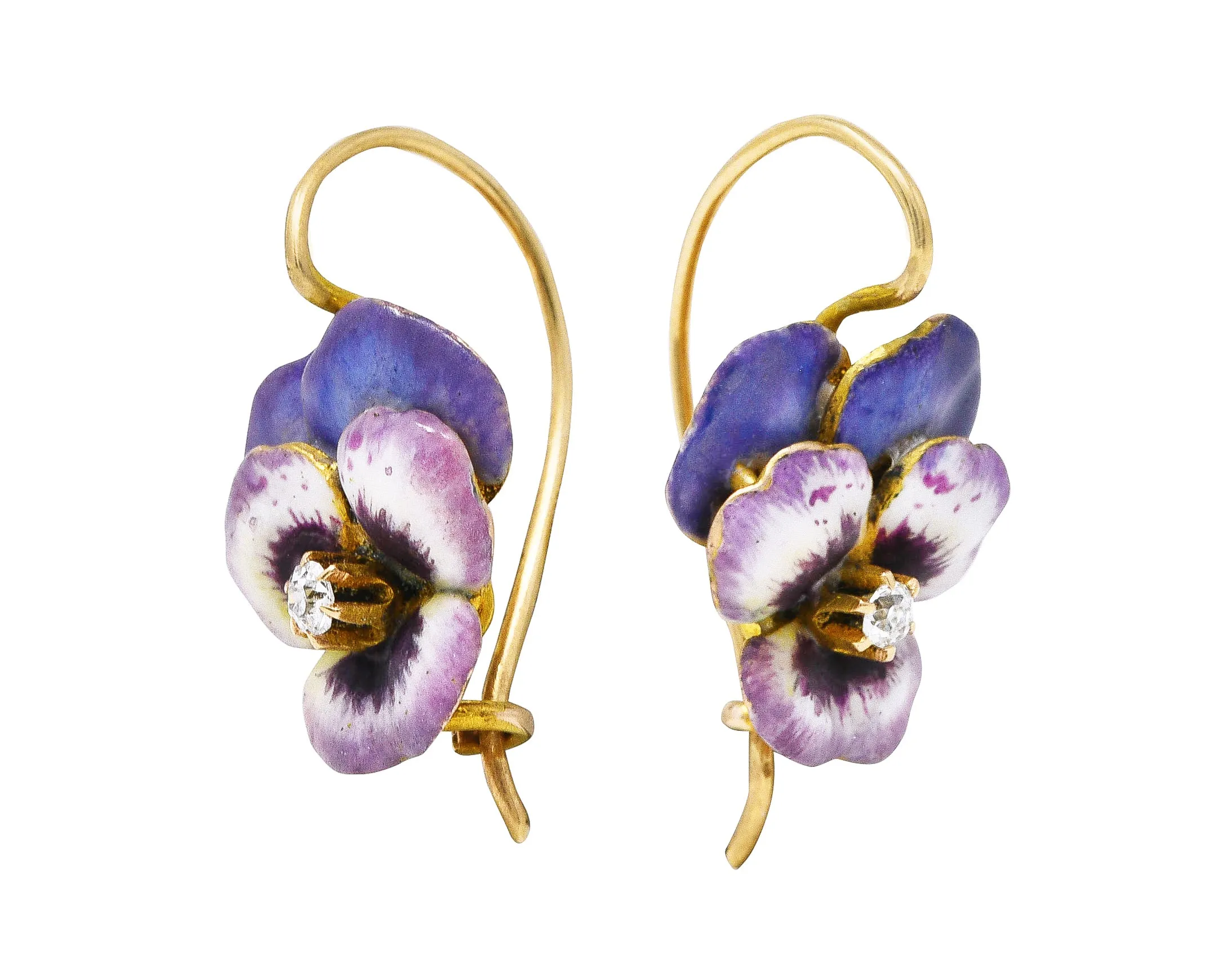 Art Nouveau Diamond Enamel 14 Karat Yellow Gold Pansy Antique Earrings