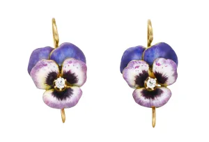 Art Nouveau Diamond Enamel 14 Karat Yellow Gold Pansy Antique Earrings