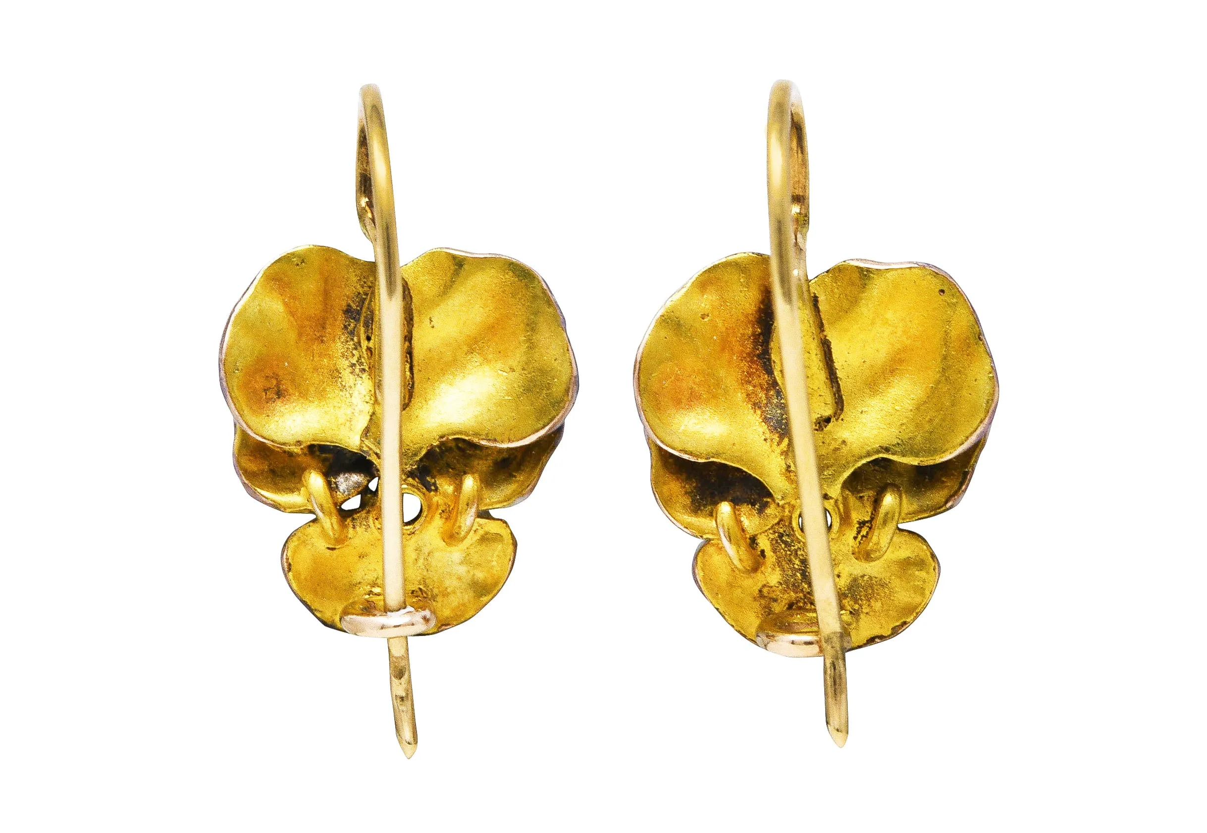 Art Nouveau Diamond Enamel 14 Karat Yellow Gold Pansy Antique Earrings