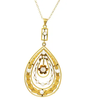Art Nouveau Diamond Seed Pearl 14 Karat Gold Drop Pendant Necklace