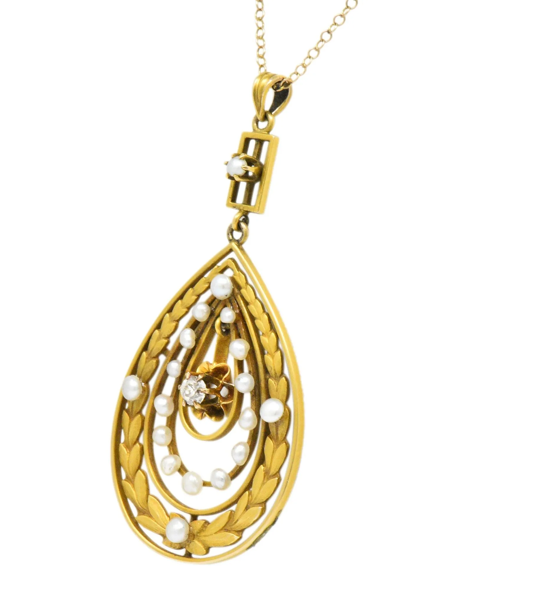 Art Nouveau Diamond Seed Pearl 14 Karat Gold Drop Pendant Necklace