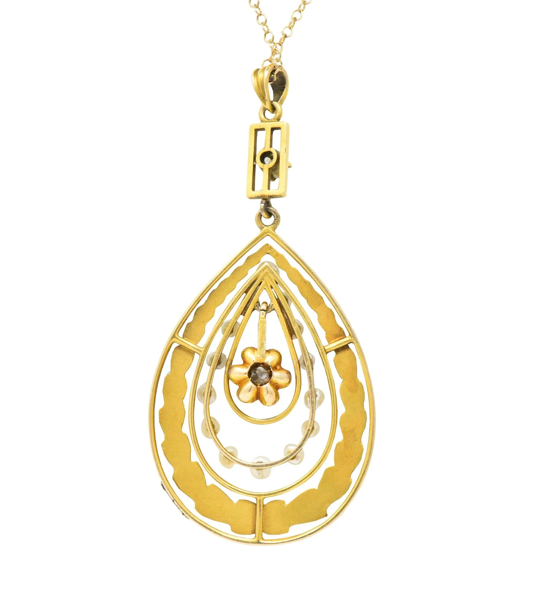 Art Nouveau Diamond Seed Pearl 14 Karat Gold Drop Pendant Necklace