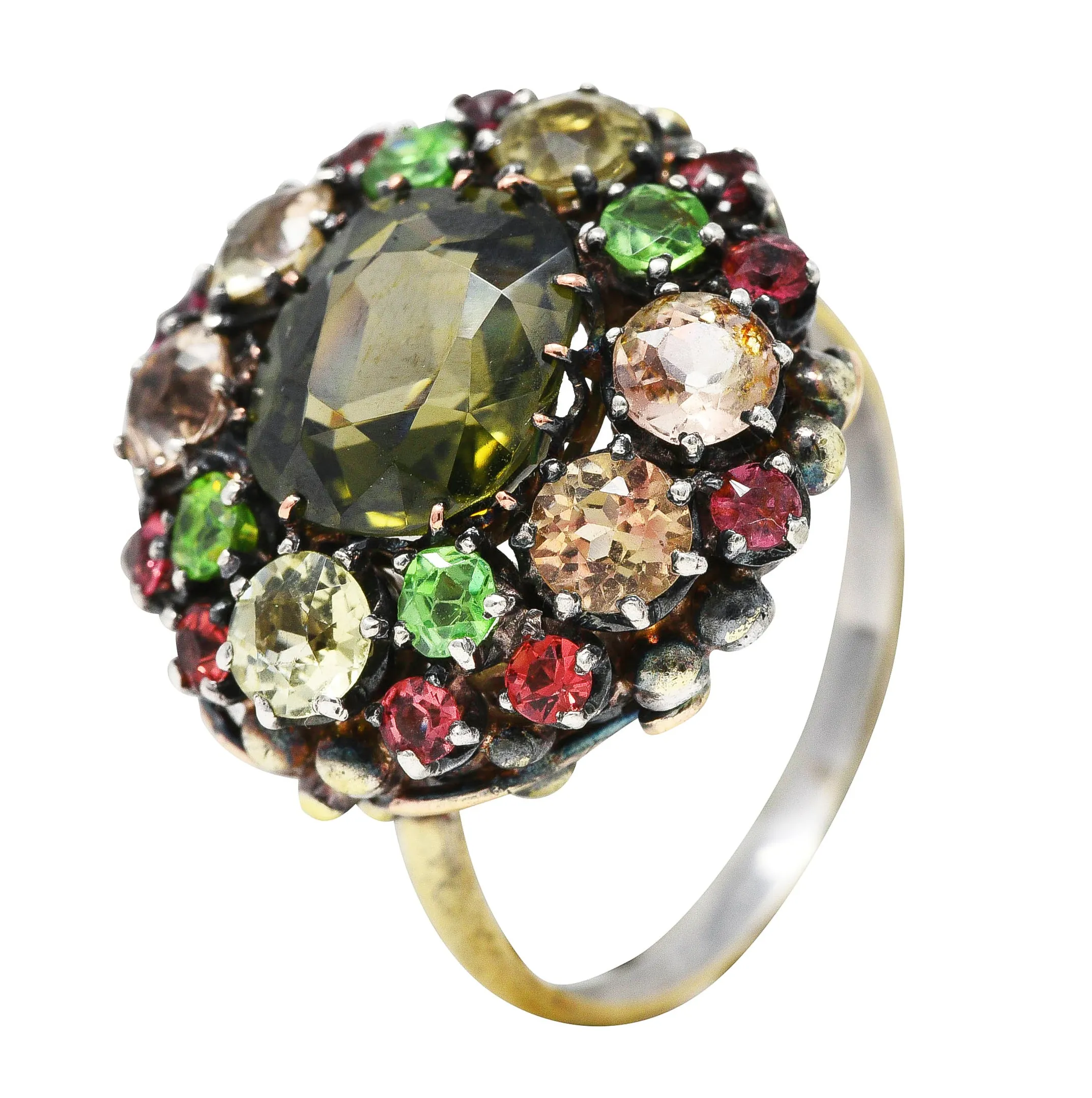 Arts & Crafts Antique Zircon Beryl Garnet Multi-Gem 18 Karat Yellow Gold Silver Cluster Ring