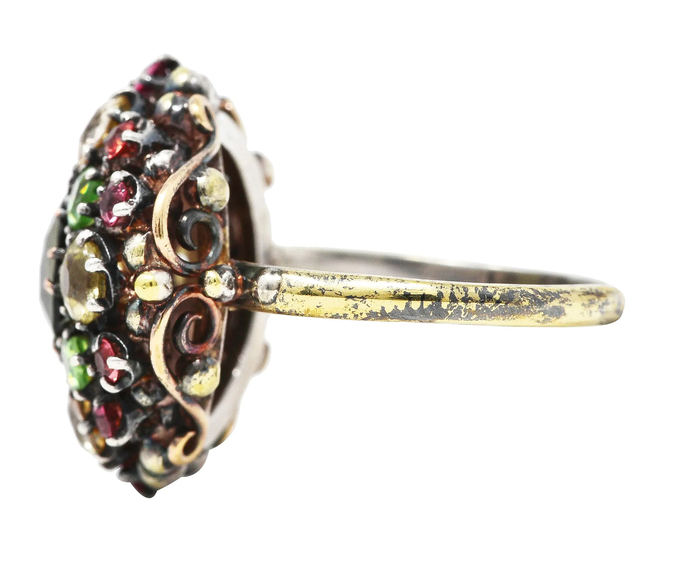 Arts & Crafts Antique Zircon Beryl Garnet Multi-Gem 18 Karat Yellow Gold Silver Cluster Ring