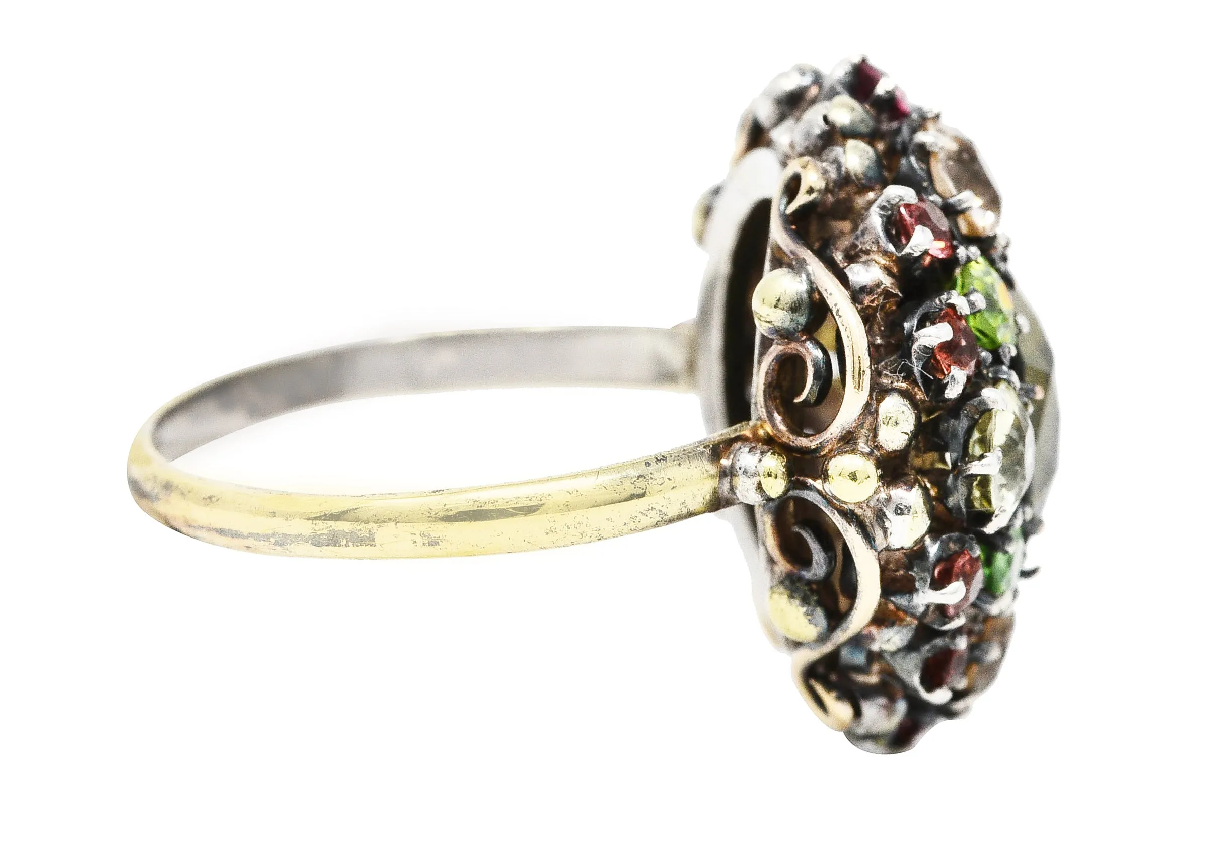 Arts & Crafts Antique Zircon Beryl Garnet Multi-Gem 18 Karat Yellow Gold Silver Cluster Ring