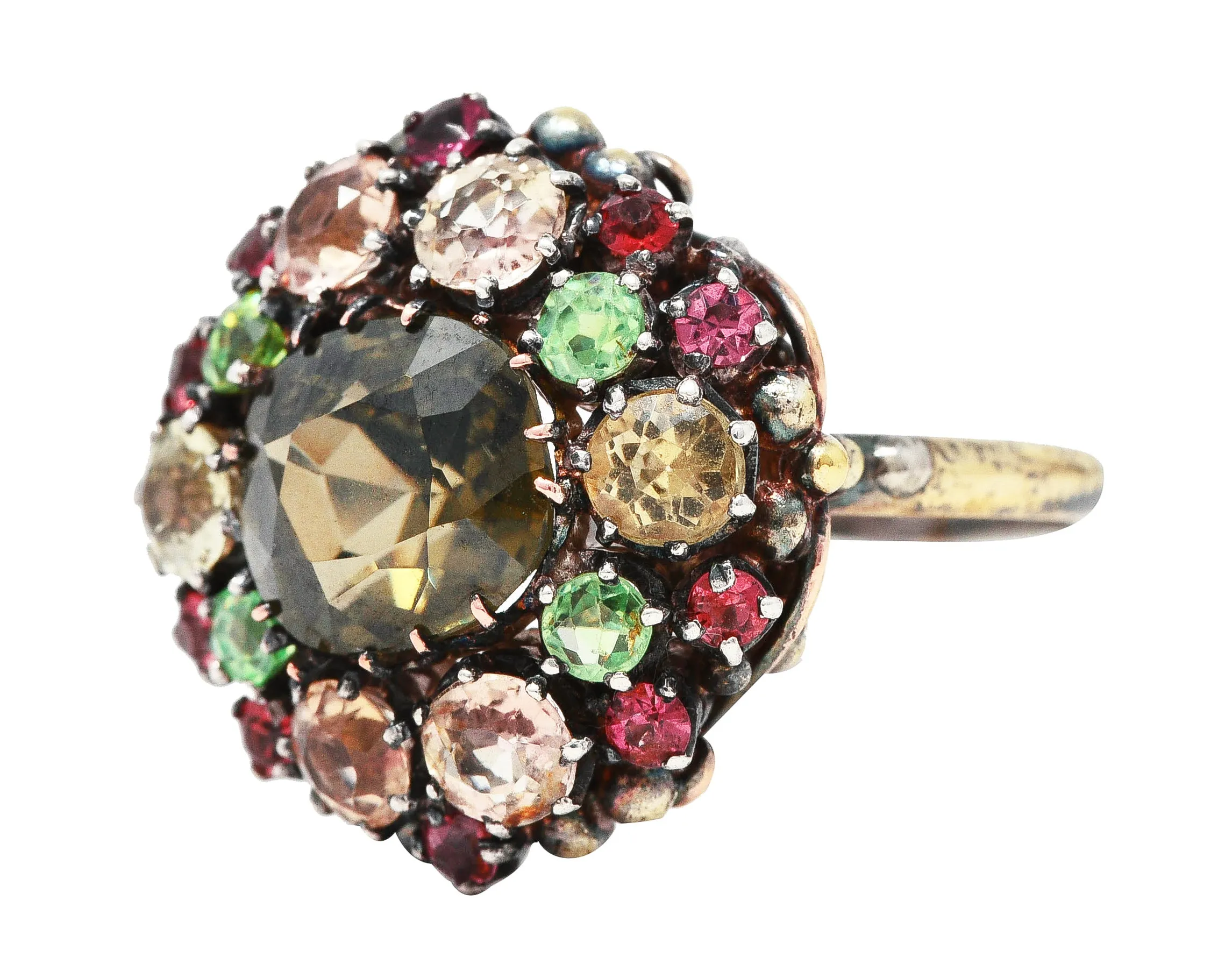 Arts & Crafts Antique Zircon Beryl Garnet Multi-Gem 18 Karat Yellow Gold Silver Cluster Ring