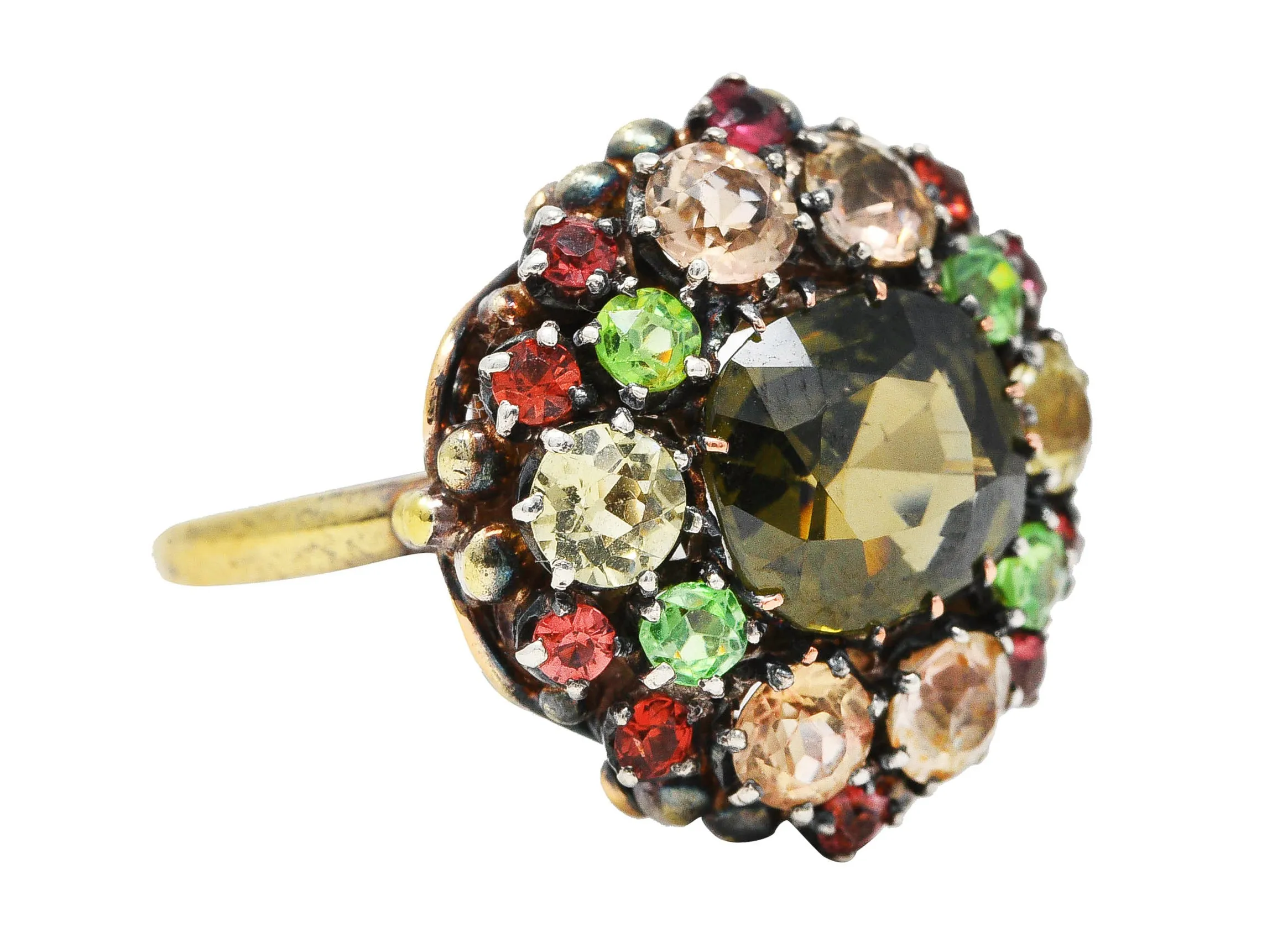Arts & Crafts Antique Zircon Beryl Garnet Multi-Gem 18 Karat Yellow Gold Silver Cluster Ring