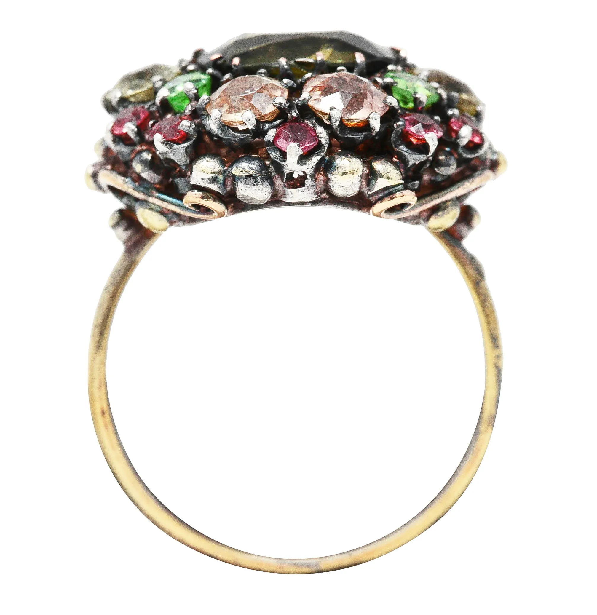 Arts & Crafts Antique Zircon Beryl Garnet Multi-Gem 18 Karat Yellow Gold Silver Cluster Ring