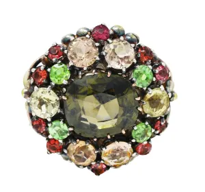 Arts & Crafts Antique Zircon Beryl Garnet Multi-Gem 18 Karat Yellow Gold Silver Cluster Ring