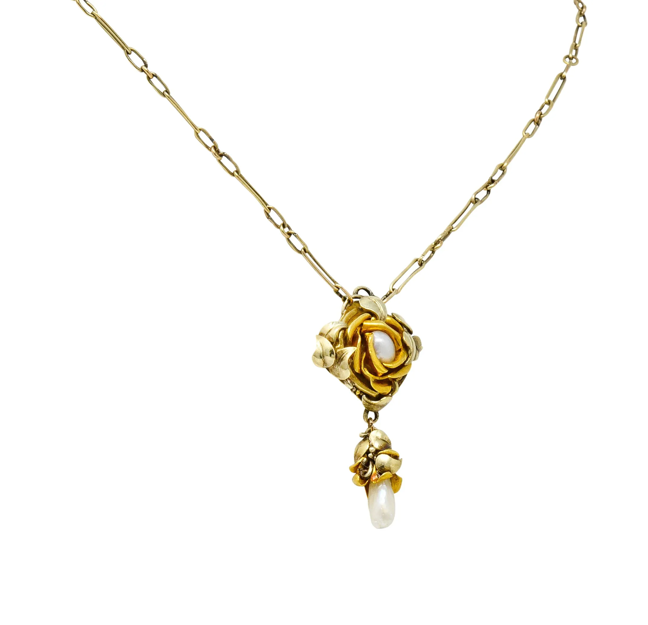 Arts & Crafts Pearl 14 Karat Two-Tone Gold Rose Drop Necklace