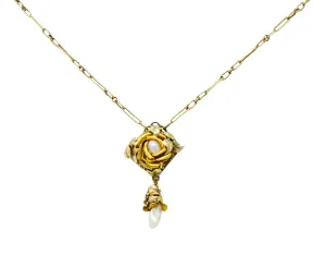 Arts & Crafts Pearl 14 Karat Two-Tone Gold Rose Drop Necklace