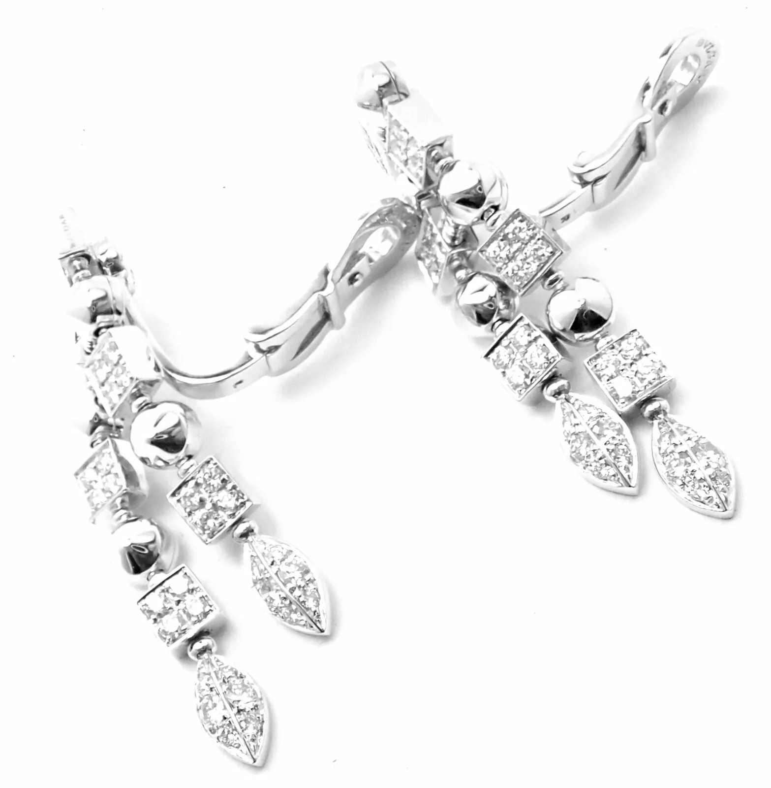 Authentic! Bulgari Bvlgari Lucea 18k White Gold Diamond Long Drop Earrings