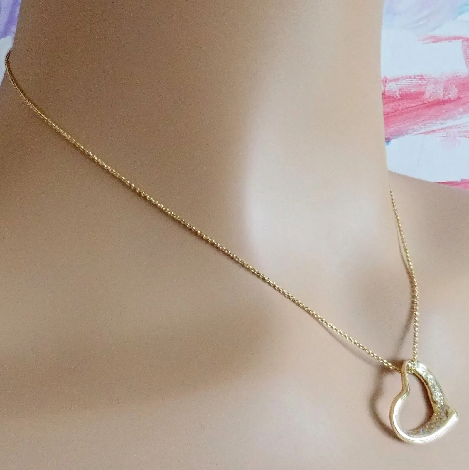 Authentic! Tiffany & Co Elsa Peretti 18k Yellow Gold Diamond Open Heart Necklace