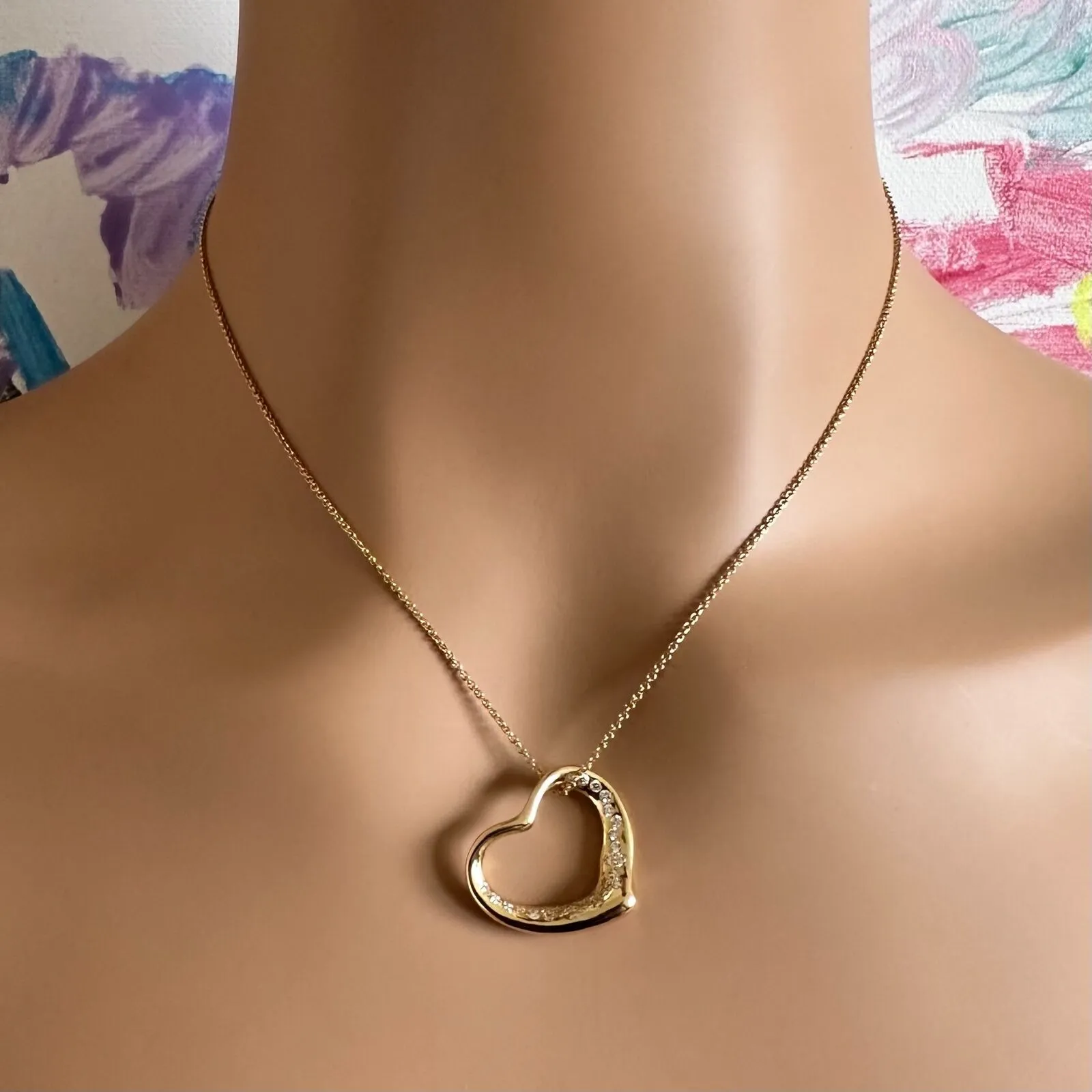 Authentic! Tiffany & Co Elsa Peretti 18k Yellow Gold Diamond Open Heart Necklace