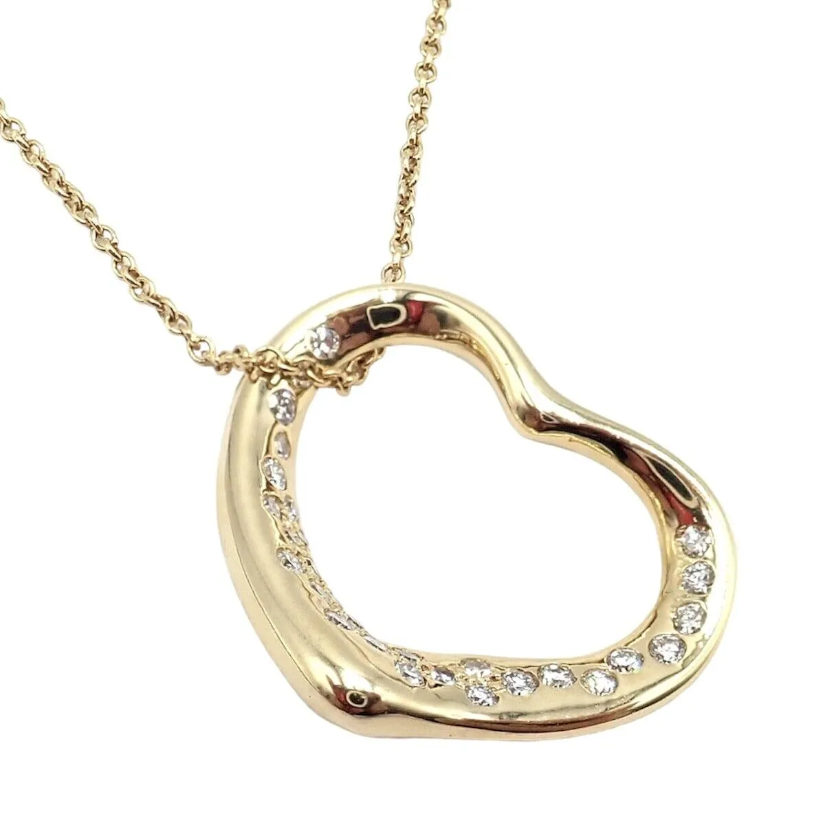 Authentic! Tiffany & Co Elsa Peretti 18k Yellow Gold Diamond Open Heart Necklace